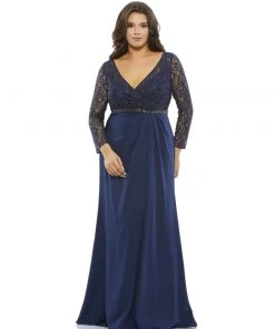 Mac Duggal Lace Illusion Long Sleeve V-Neck Draped Gown (Plus) Mother Of The Bride + Groom Dresses