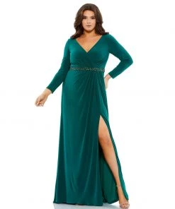 Mac Duggal Belted Faux Wrap Long Sleeve Jersey Gown (Plus)