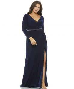 Mac Duggal Belted Faux Wrap Long Sleeve Jersey Gown (Plus)