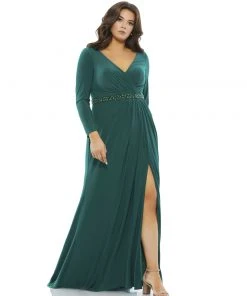 Mac Duggal Belted Faux Wrap Long Sleeve Jersey Gown (Plus)