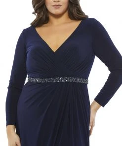 Mac Duggal Belted Faux Wrap Long Sleeve Jersey Gown (Plus)