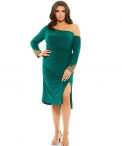 Mac Duggal Embellished Cuff Drop Shoulder Midi Dress (Plus) Cocktail Dresses