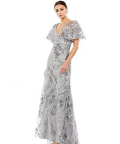 Mac Duggal Embellished V Neck Butterfly Sleeve Trumpet Gown