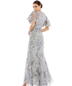Mac Duggal Embellished V Neck Butterfly Sleeve Trumpet Gown