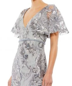 Mac Duggal Embellished V Neck Butterfly Sleeve Trumpet Gown