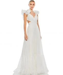 Ieena For Mac Duggal Ruffle Shoulder Lace Up Gown Shop For