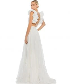 Ieena For Mac Duggal Ruffle Shoulder Lace Up Gown Shop For