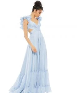 Ieena For Mac Duggal Ruffle Shoulder Lace Up Gown Shop For