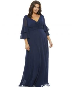 Mac Duggal Shop For Pleated Bell Sleeve Chiffon Gown (Plus)