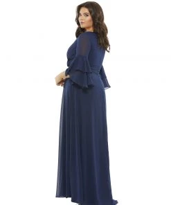 Mac Duggal Shop For Pleated Bell Sleeve Chiffon Gown (Plus)