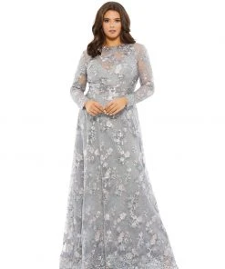 Mac Duggal Embellished Illusion Long Sleeve A Line Gown