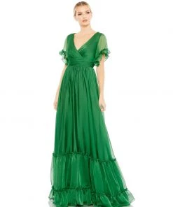 Mac Duggal Ruffled Butterfly Sleeve Evening Gown