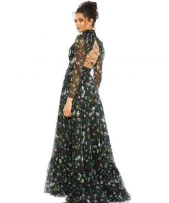 Mac Duggal Floral High Neck Puff Sleeve Gown Shop For