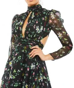 Mac Duggal Floral High Neck Puff Sleeve Gown Shop For