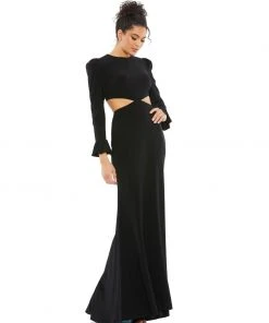 Ieena For Mac Duggal Long Sleeve Puff Shoulder Cut Out Gown