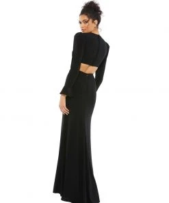 Ieena For Mac Duggal Long Sleeve Puff Shoulder Cut Out Gown