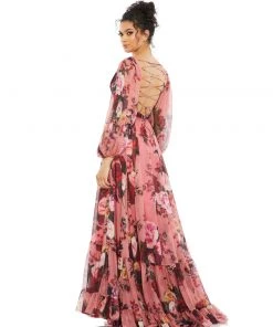 Ieena For Mac Duggal Floral Cutout Open Back Blouson Sleeve Dress Shop For
