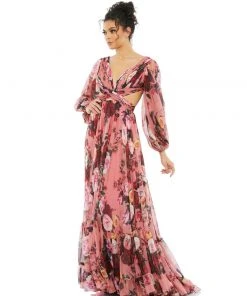 Ieena For Mac Duggal Floral Cutout Open Back Blouson Sleeve Dress Shop For