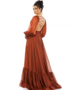 Mac Duggal Shop For Blouson Sleeve Tiered Open Back Dress