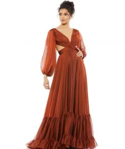 Mac Duggal Shop For Blouson Sleeve Tiered Open Back Dress