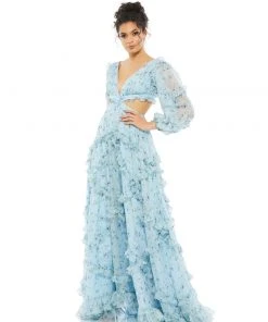 Ieena For Mac Duggal Shop For Ruffle Tiered Floral Cutout Long Sleeve Gown