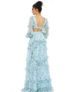Ieena For Mac Duggal Shop For Ruffle Tiered Floral Cutout Long Sleeve Gown