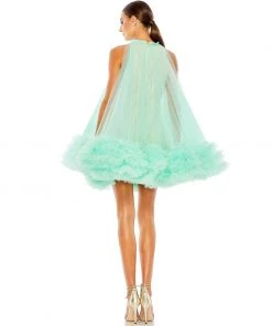 Mac Duggal High Neck Gathered Tulle A-Line Swing Dress