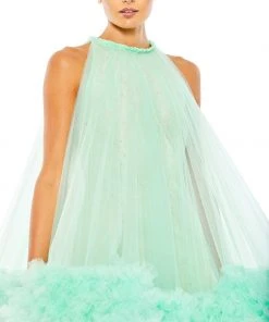 Mac Duggal High Neck Gathered Tulle A-Line Swing Dress