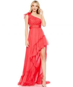 Mac Duggal Ruffled One Shoulder Asymmetrical Gown