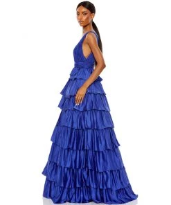 Mac Duggal Shop For Ruffle Tiered Pleated Sleeveless V Neck Gown