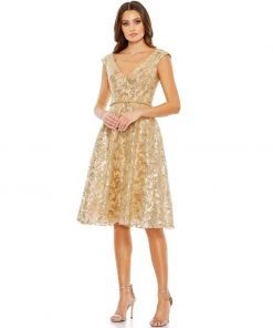 Mac Duggal Sequined V Neck Cap Sleeve Dress