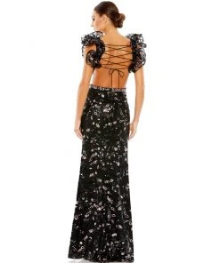 Mac Duggal Embellished Ruffled Shoulder Lace Up Gown