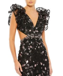 Mac Duggal Embellished Ruffled Shoulder Lace Up Gown