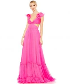 Mac Duggal Ruched Ruffled Shoulder Cut Out Lace Up Gown 15 Mac Duggal Ruched Ruffled Shoulder Cut Out Lace Up Gown