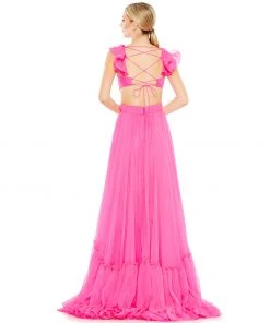 Mac Duggal Ruched Ruffled Shoulder Cut Out Lace Up Gown 16 Mac Duggal Ruched Ruffled Shoulder Cut Out Lace Up Gown