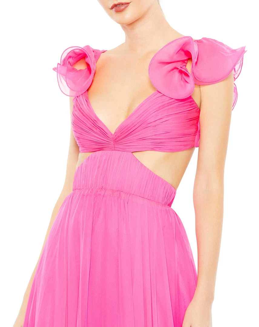 Mac Duggal Ruched Ruffled Shoulder Cut Out Lace Up Gown 9 Mac Duggal Ruched Ruffled Shoulder Cut Out Lace Up Gown