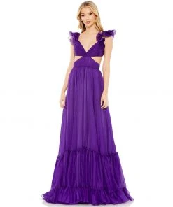 Mac Duggal Ruched Ruffled Shoulder Cut Out Lace Up Gown