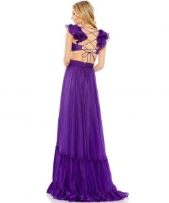Mac Duggal Ruched Ruffled Shoulder Cut Out Lace Up Gown