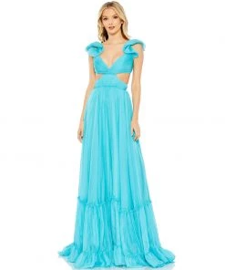 Mac Duggal Ruched Ruffled Shoulder Cut Out Lace Up Gown 12 Mac Duggal Ruched Ruffled Shoulder Cut Out Lace Up Gown