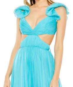 Mac Duggal Ruched Ruffled Shoulder Cut Out Lace Up Gown 14 Mac Duggal Ruched Ruffled Shoulder Cut Out Lace Up Gown