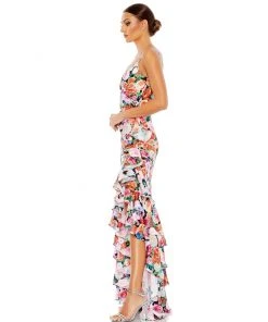 Mac Duggal New Arrivals Floral Print Asymmetrical Ruffle Hem Gown