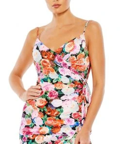 Mac Duggal New Arrivals Floral Print Asymmetrical Ruffle Hem Gown