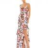 Mac Duggal New Arrivals Floral Print Asymmetrical Ruffle Hem Gown