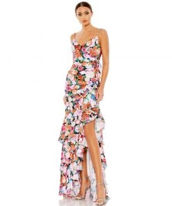Mac Duggal New Arrivals Floral Print Asymmetrical Ruffle Hem Gown