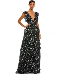 Ieena For Mac Duggal Ruffled Floral Print Cap Sleeve Gown Shop For