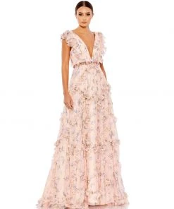 Ieena For Mac Duggal Ruffled Floral Print Cap Sleeve Gown Shop For