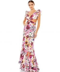 Mac Duggal Floral Print Ruffle Shoulder Cut Out Gown Shop For