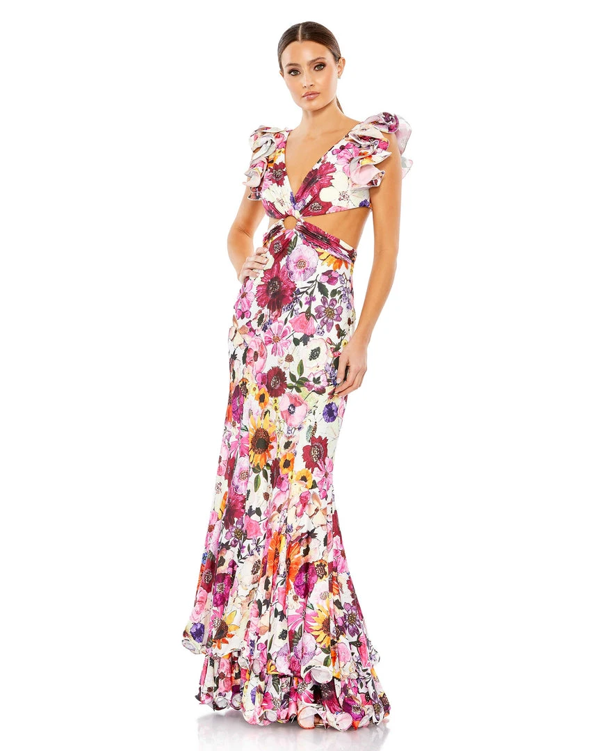 Mac Duggal Floral Print Ruffle Shoulder Cut Out Gown Shop For 1 Mac Duggal Floral Print Ruffle Shoulder Cut Out Gown Shop For