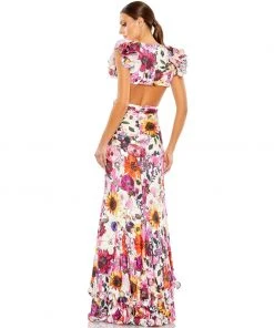 Mac Duggal Floral Print Ruffle Shoulder Cut Out Gown Shop For