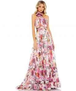 Mac Duggal Asymmetrical Ruffled Halter Floral Gown